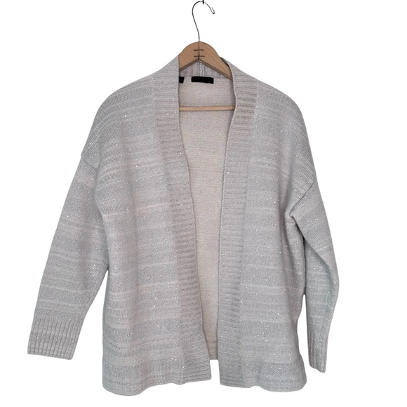 SAKS FIFTH AVENUE COLLECTION Sequin Striped Open Cardigan Silver Gray Size Large - Picture 2 of 9